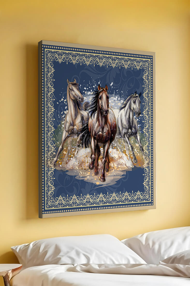 Running horses framed with elegant golden border on a blue background