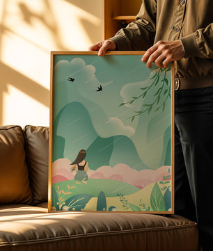 Peaceful landscape with a girl and nature elements