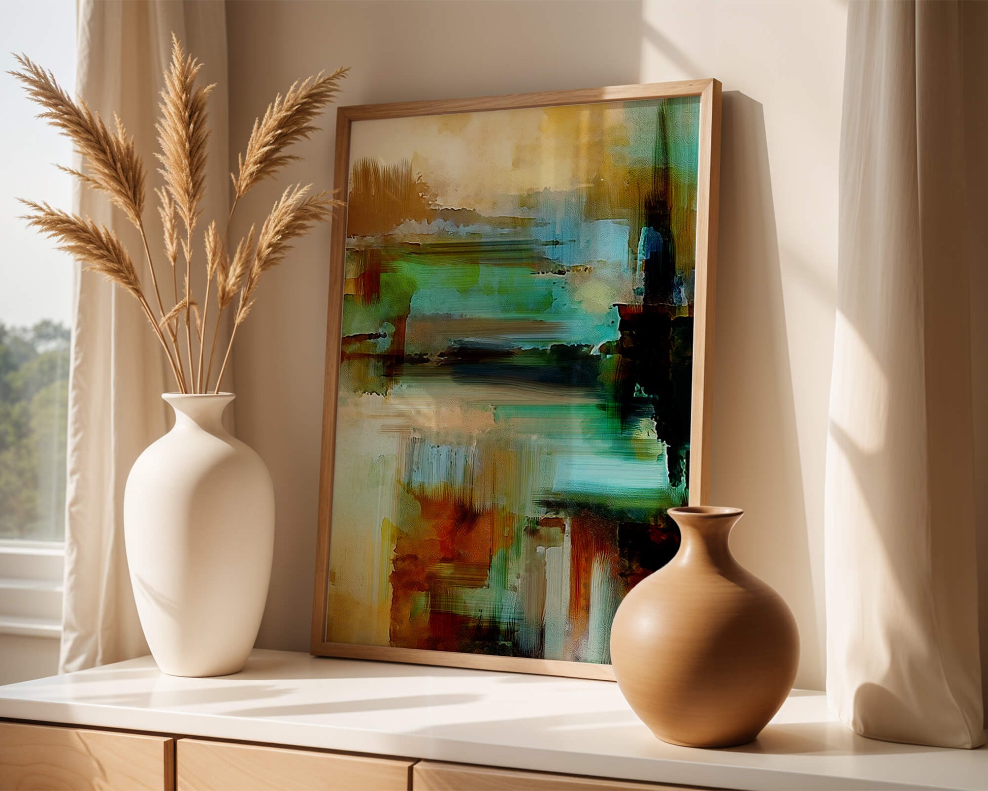Abstract Expressionist Colorful Landscape with Earthy and Aqua Tones
