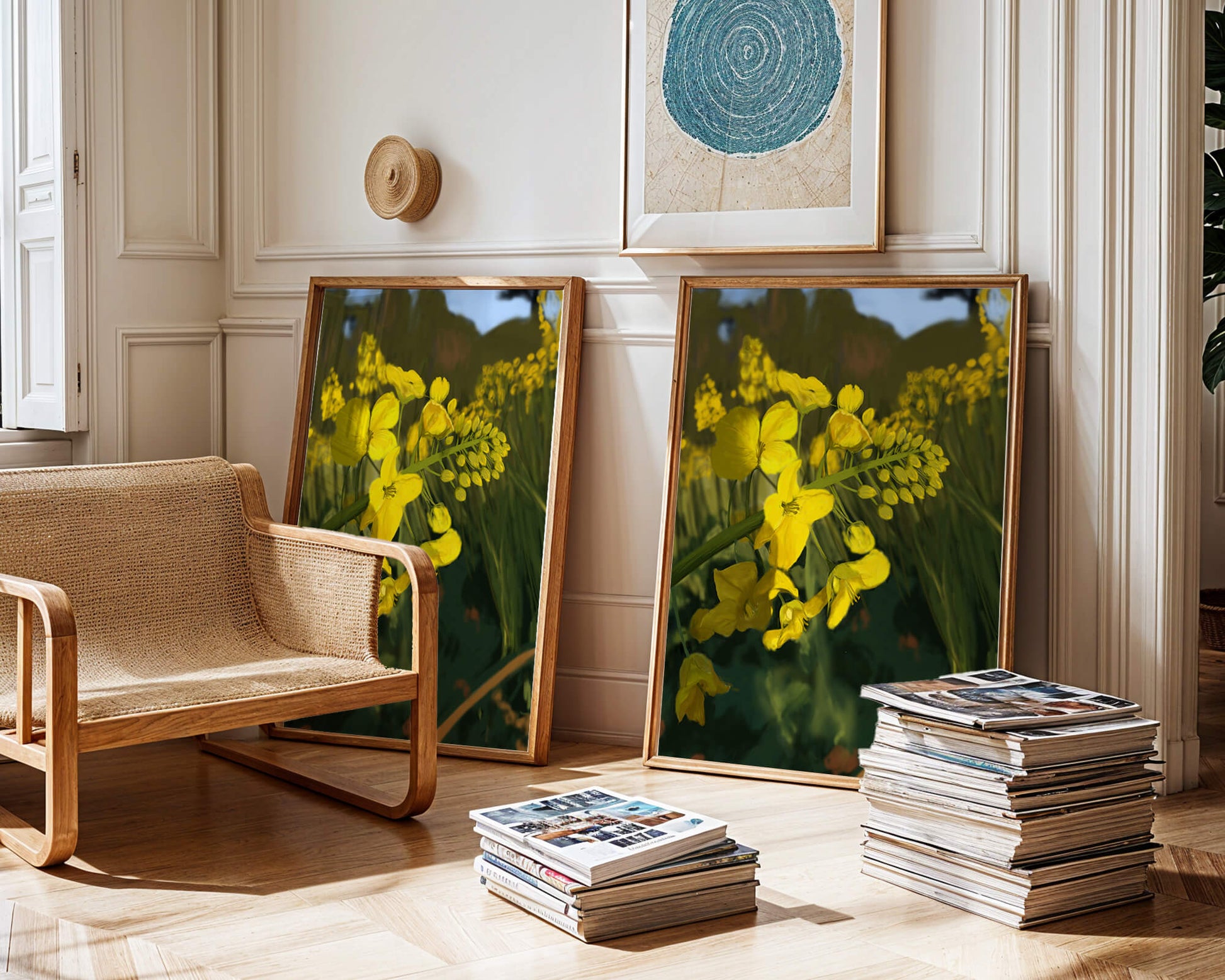 Close-up view of vibrant yellow flowers in a lush green field