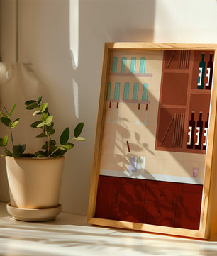 Interior de cocina moderna con gabinetes de madera y estantes de vidrio