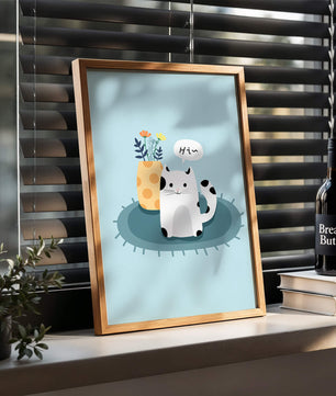 Cute illustration of a cat and flowers on a rug with a speech bubble