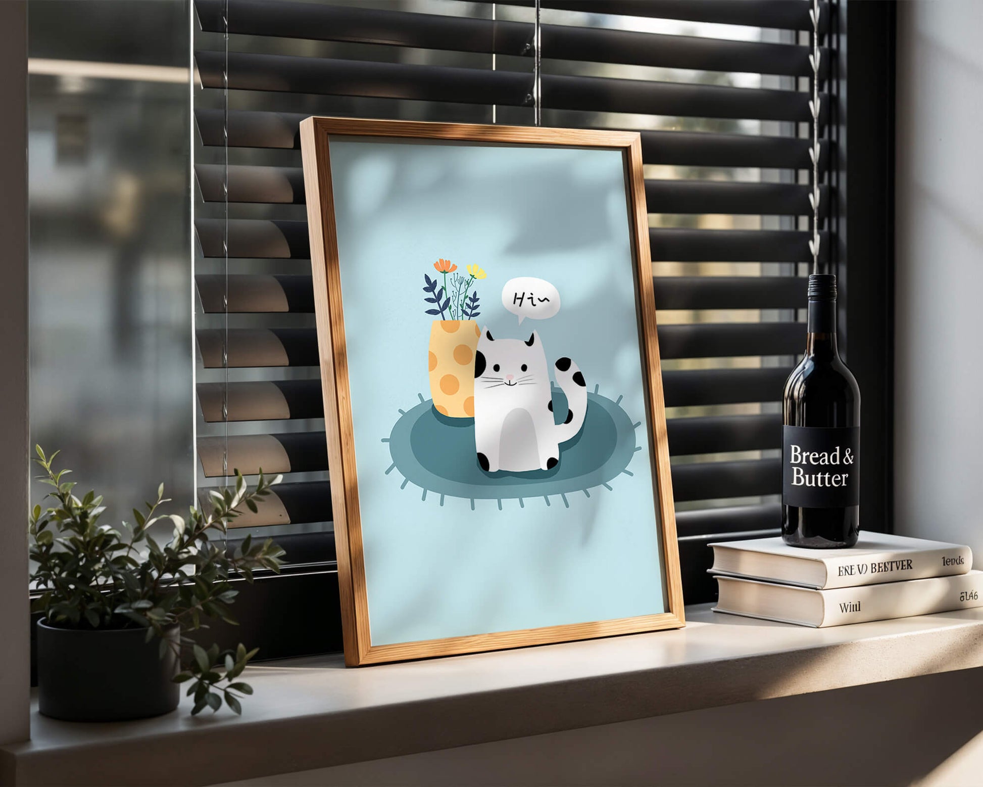 Cute illustration of a cat and flowers on a rug with a speech bubble