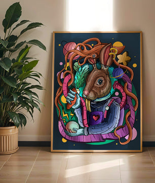 Ilustración abstracta colorida de un conejo en el espacio con pulpo, planetas y zanahoria