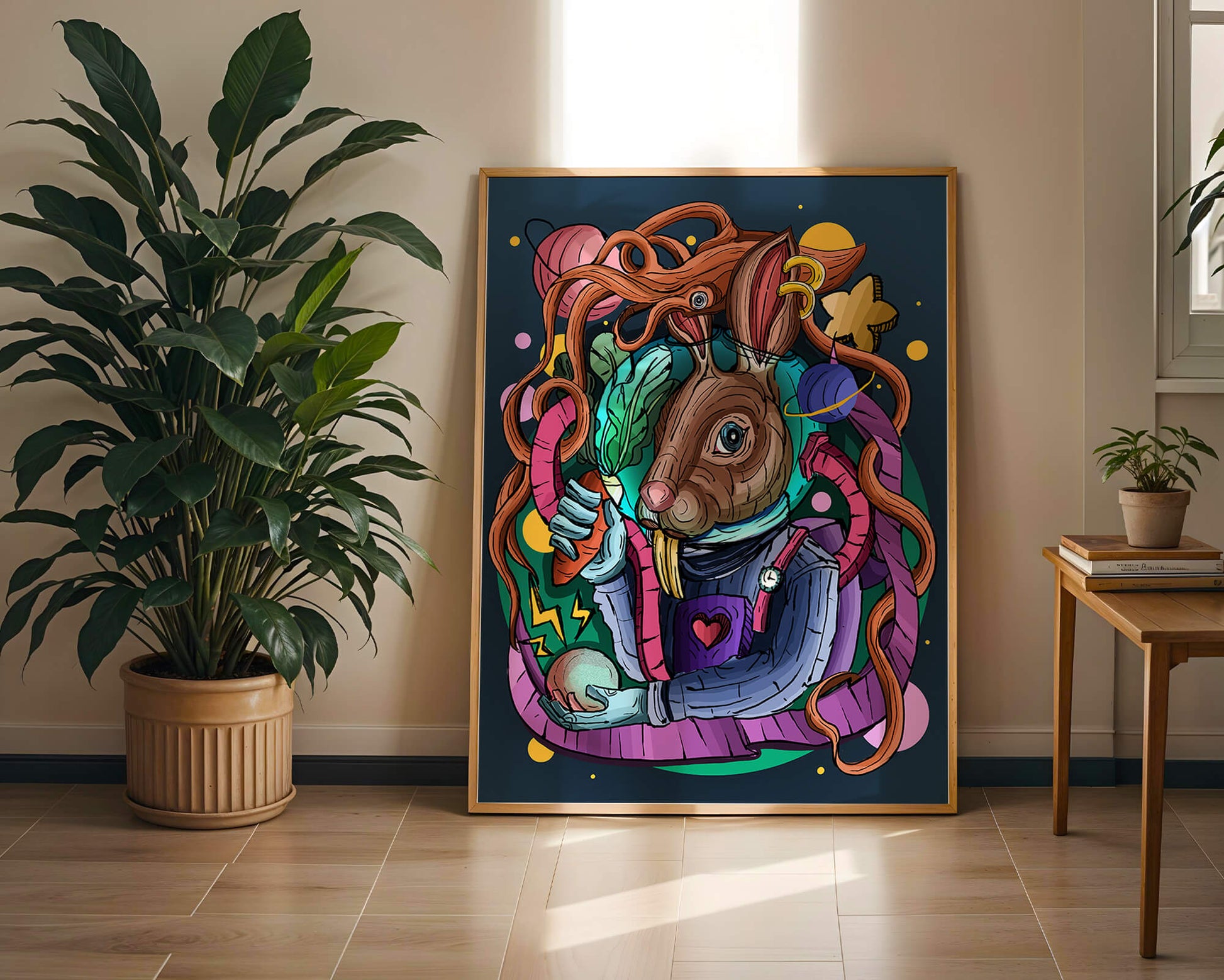 Ilustración abstracta colorida de un conejo en el espacio con pulpo, planetas y zanahoria.