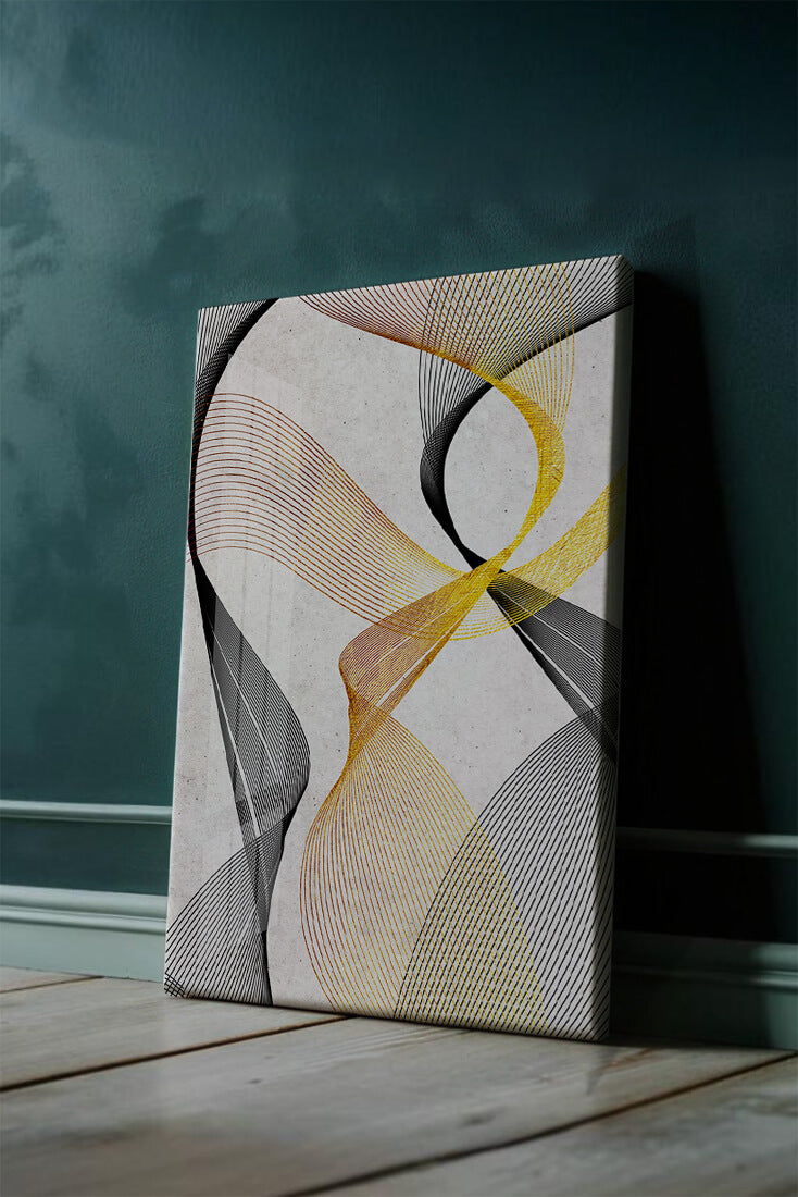 Elegant abstract waves with gold and black lines on textured background
