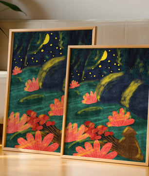 Mystical night garden with bright flowers and starlit sky
