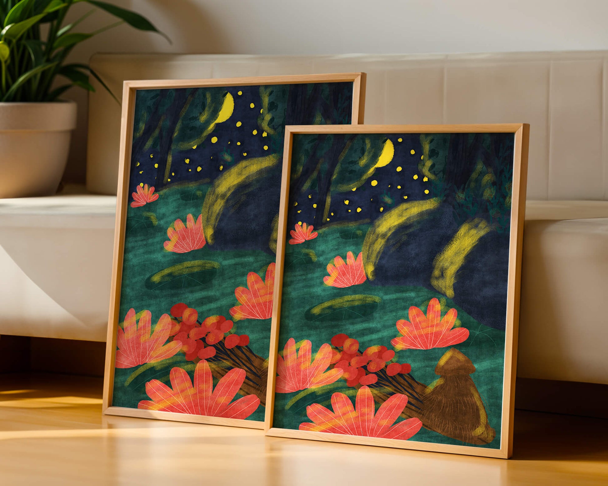 Mystical night garden with bright flowers and starlit sky