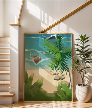 Serene tropical beach scene with lush greenery and calm waves