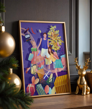 Illustration d'une expérience de shopping joyeuse en famille avec des cadeaux et des couleurs vives