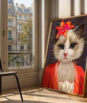 Retrato de gato con acentos de flores vibrantes y atuendo colorido