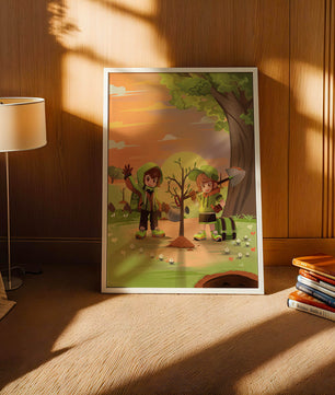 Kinder pflanzen einen Baum in einer lebendigen Sonnenuntergangslandschaft