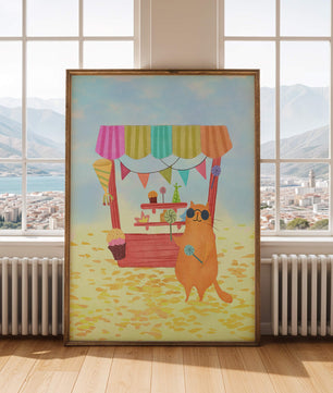 Gato ilustrado con gafas de sol en un puesto de dulces colorido