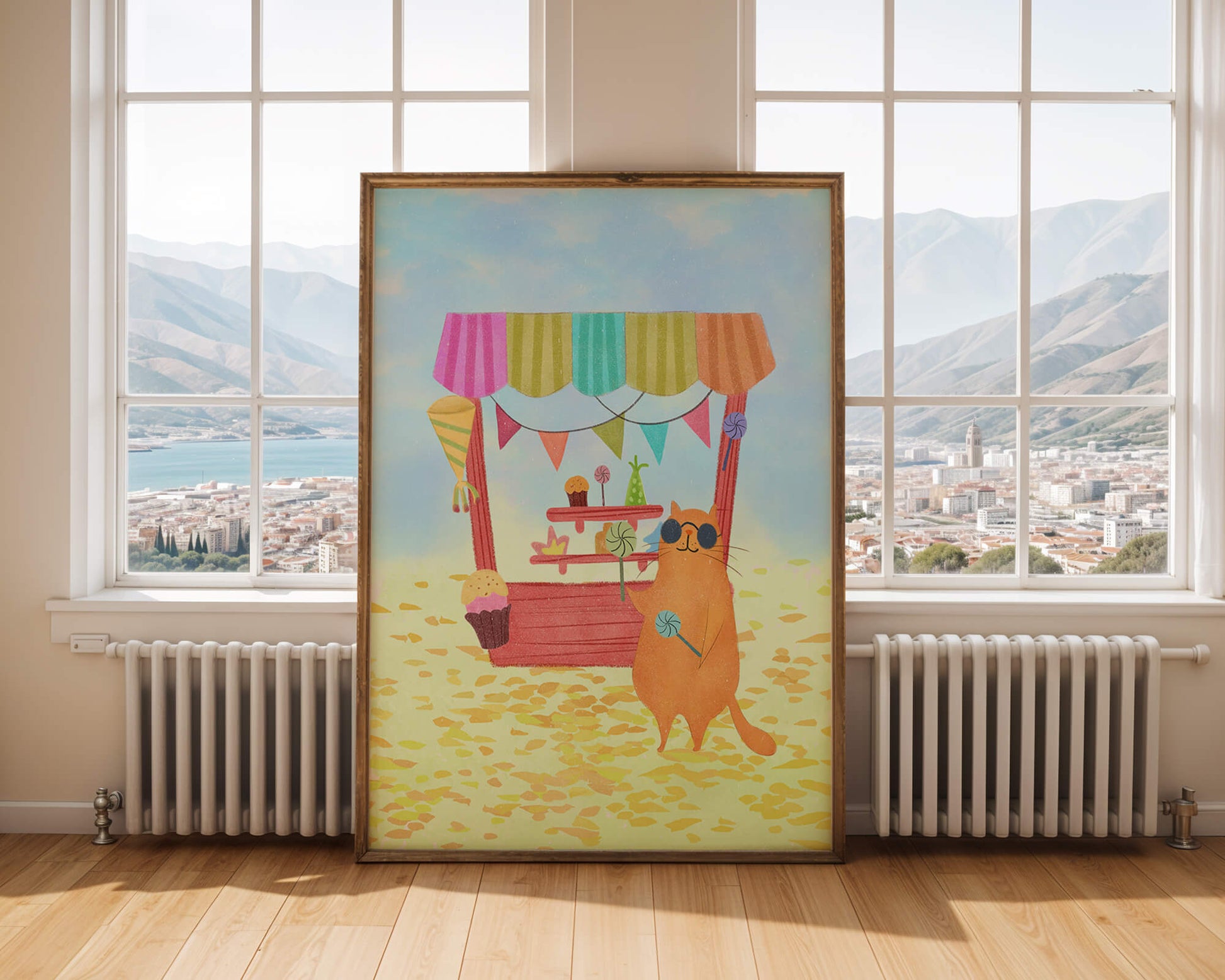 Illustrated Cat with Sunglasses at a Colorful Candy Stand