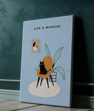 Charming Cat Relaxing on a Chair with Inspirational Quote and Art