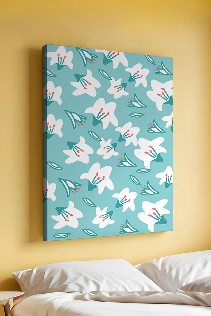 Floral pattern with white lilies on a turquoise background