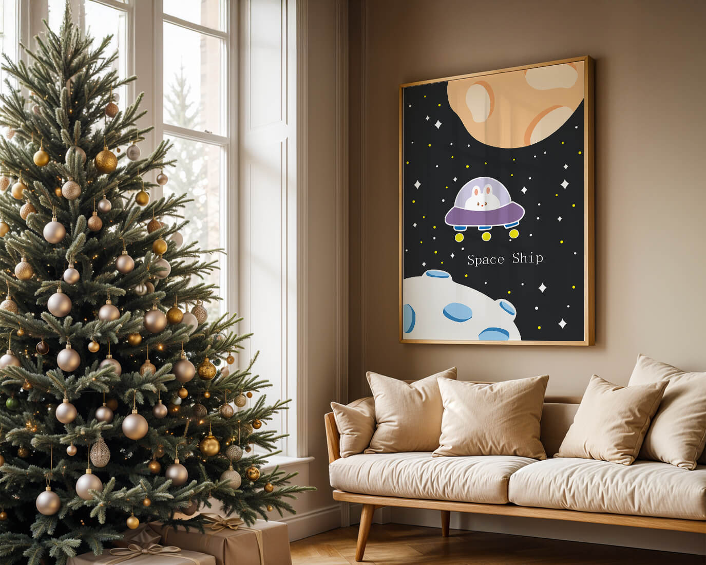 Cute bunny in spaceship with planets and stars in space illustration