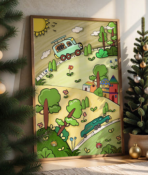 Whimsical landscape with houses, cars, and colorful flora