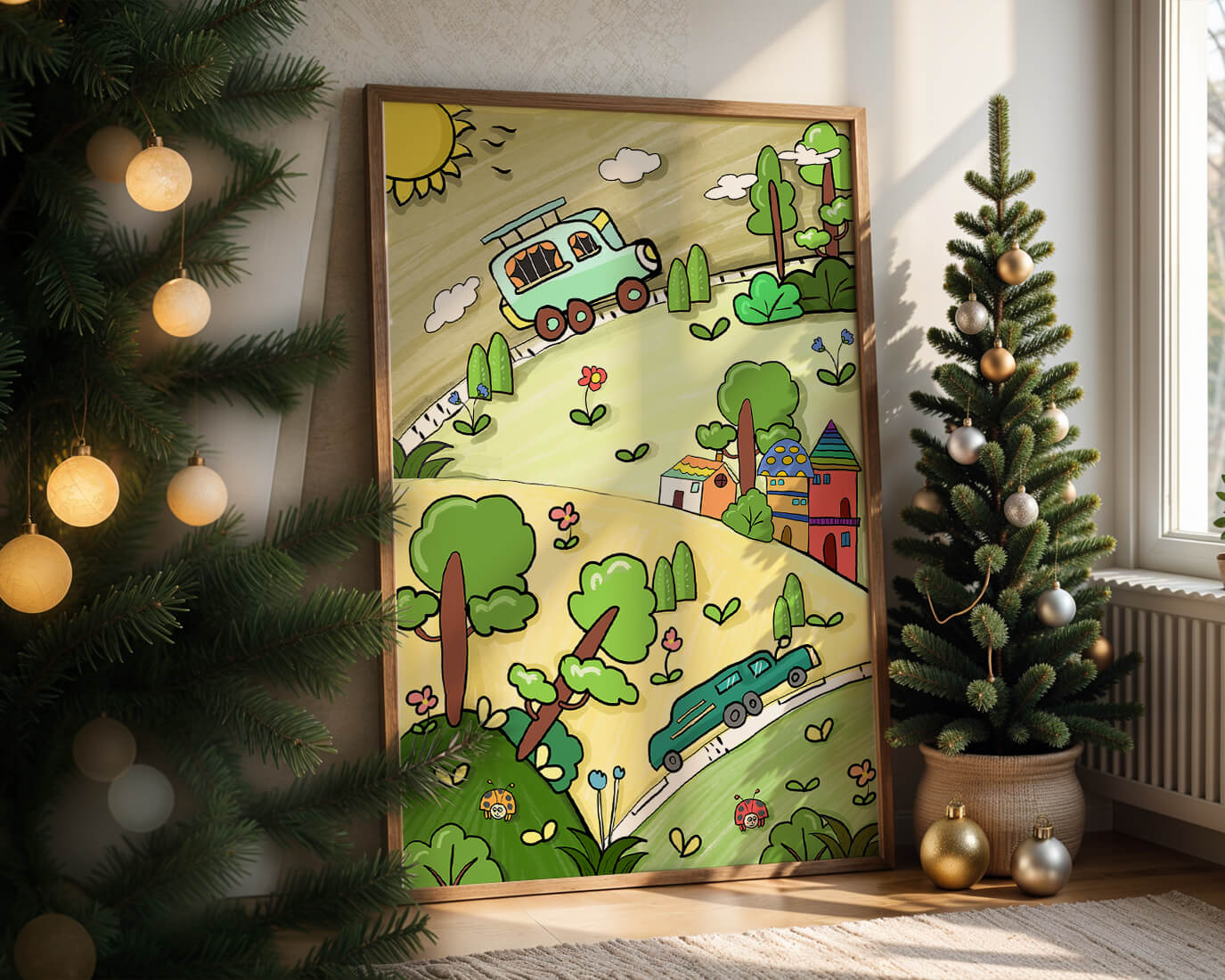 Whimsical landscape with houses, cars, and colorful flora