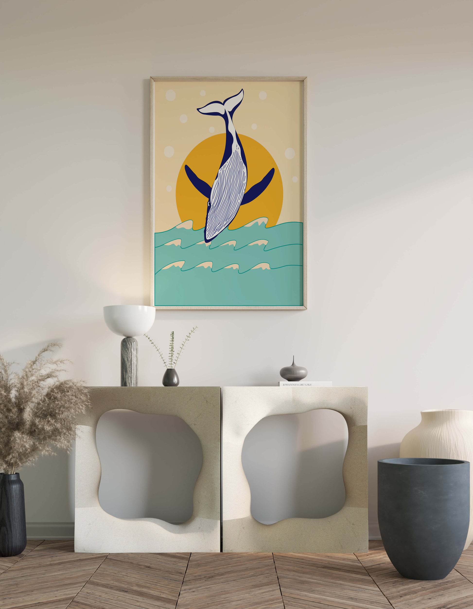 Illustration of a whale jumping over waves with sun backdrop