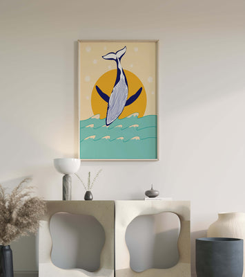 Illustration of a whale jumping over waves with sun backdrop
