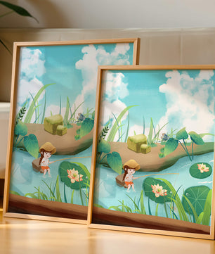 Ruhige Illustration eines Kindes, das an einem Teich mit Seerosen angelt