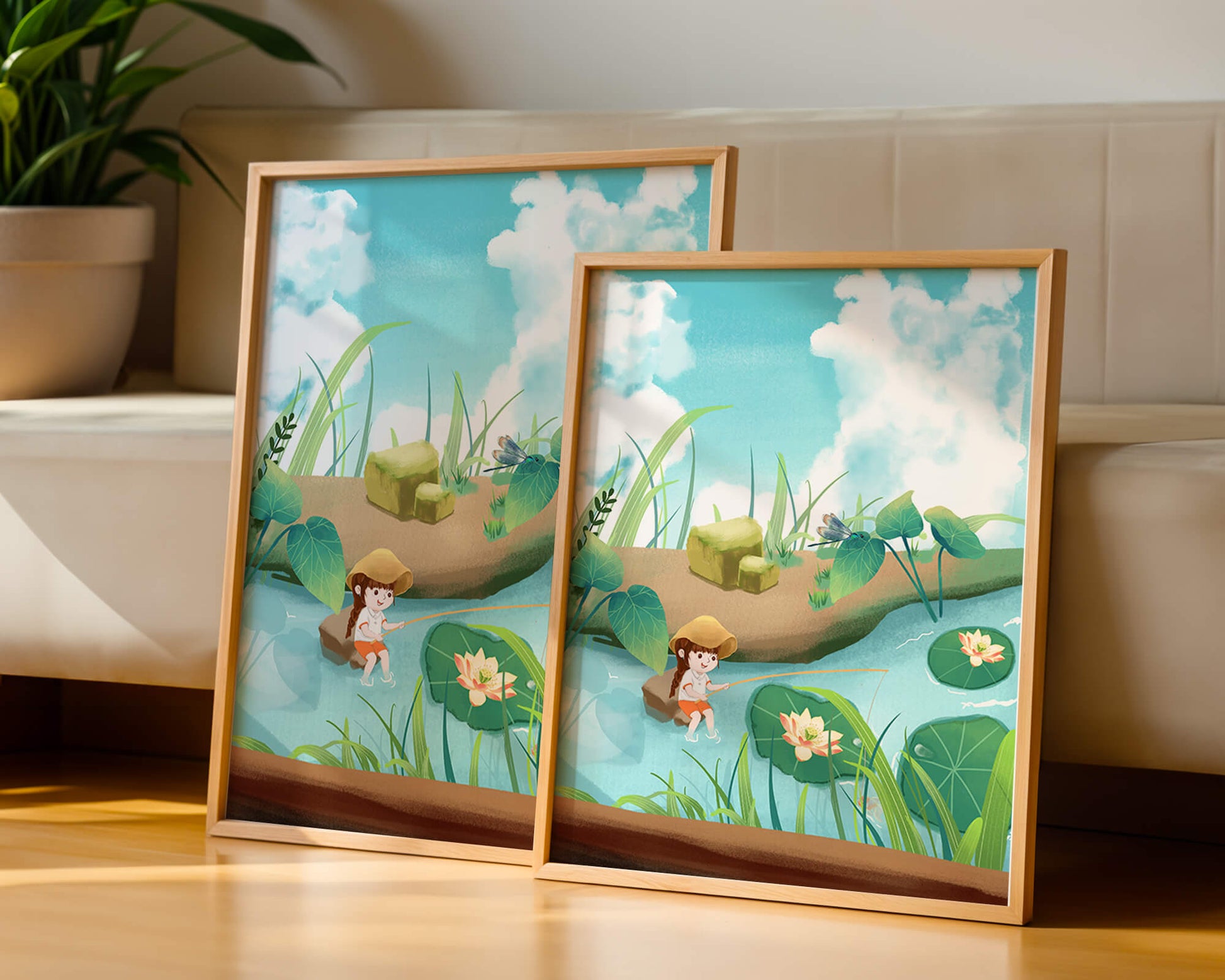Ruhige Illustration eines Kindes, das an einem Teich mit Seerosen angelt