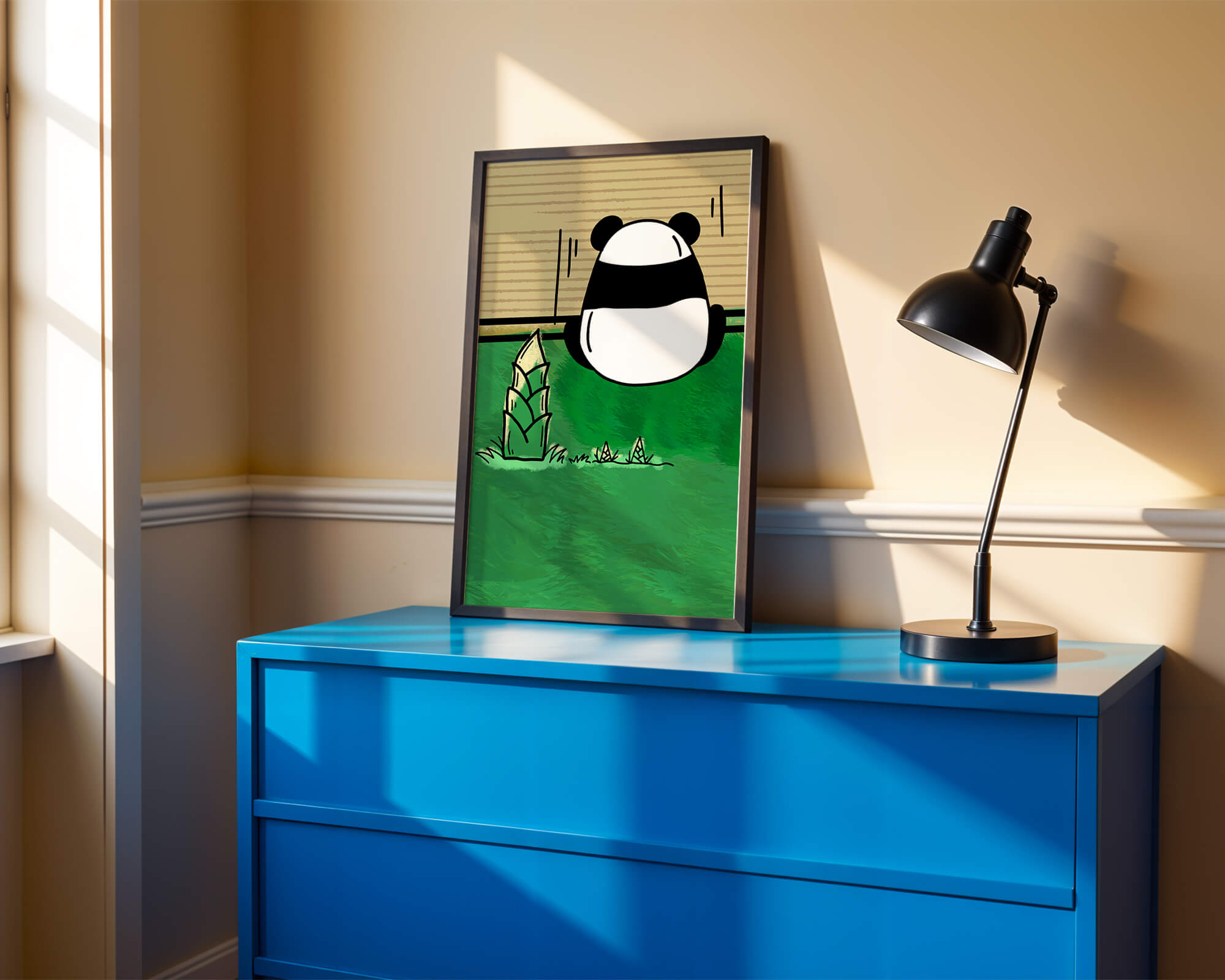 Whimsical panda in a green bamboo forest background