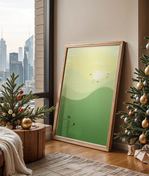 Paisaje minimalista con figuras silueteadas y aves al atardecer