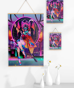 Personaje futurista con atuendo tradicional asiático y telón de fondo de ciudad neón