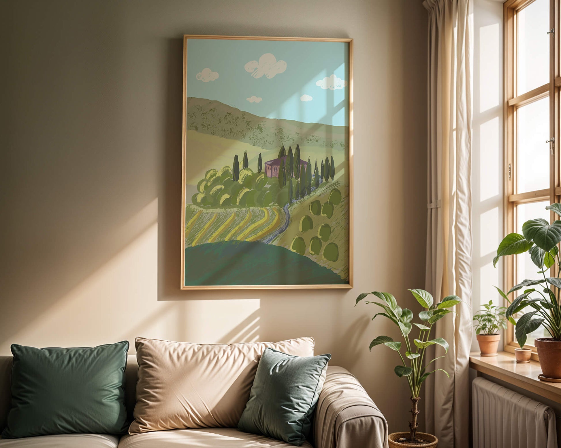 Charming Tuscan Countryside Landscape with Rolling Hills and Cypress Trees