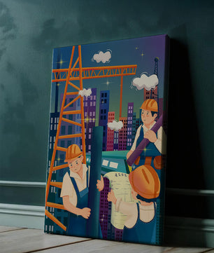 Illustrated construction workers on a high-rise building site