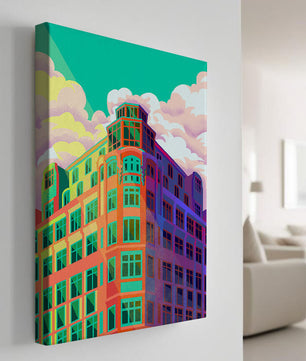 Gebäude mit bunten geometrischen Formen und lebhaftem Himmel