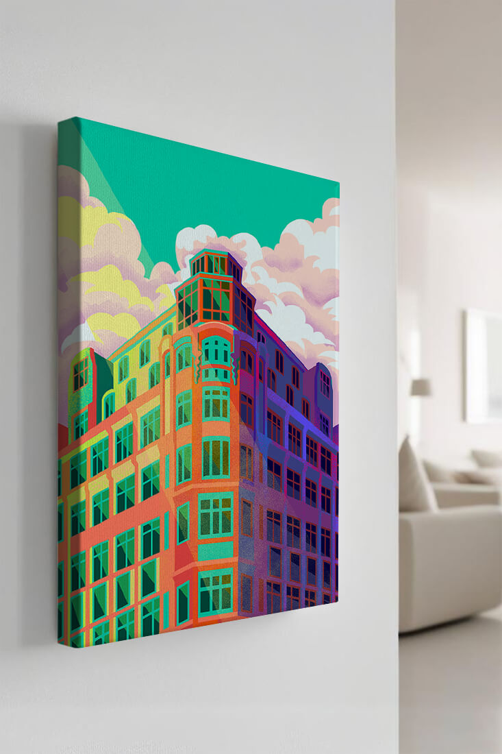 Colorful geometric building with vibrant sky