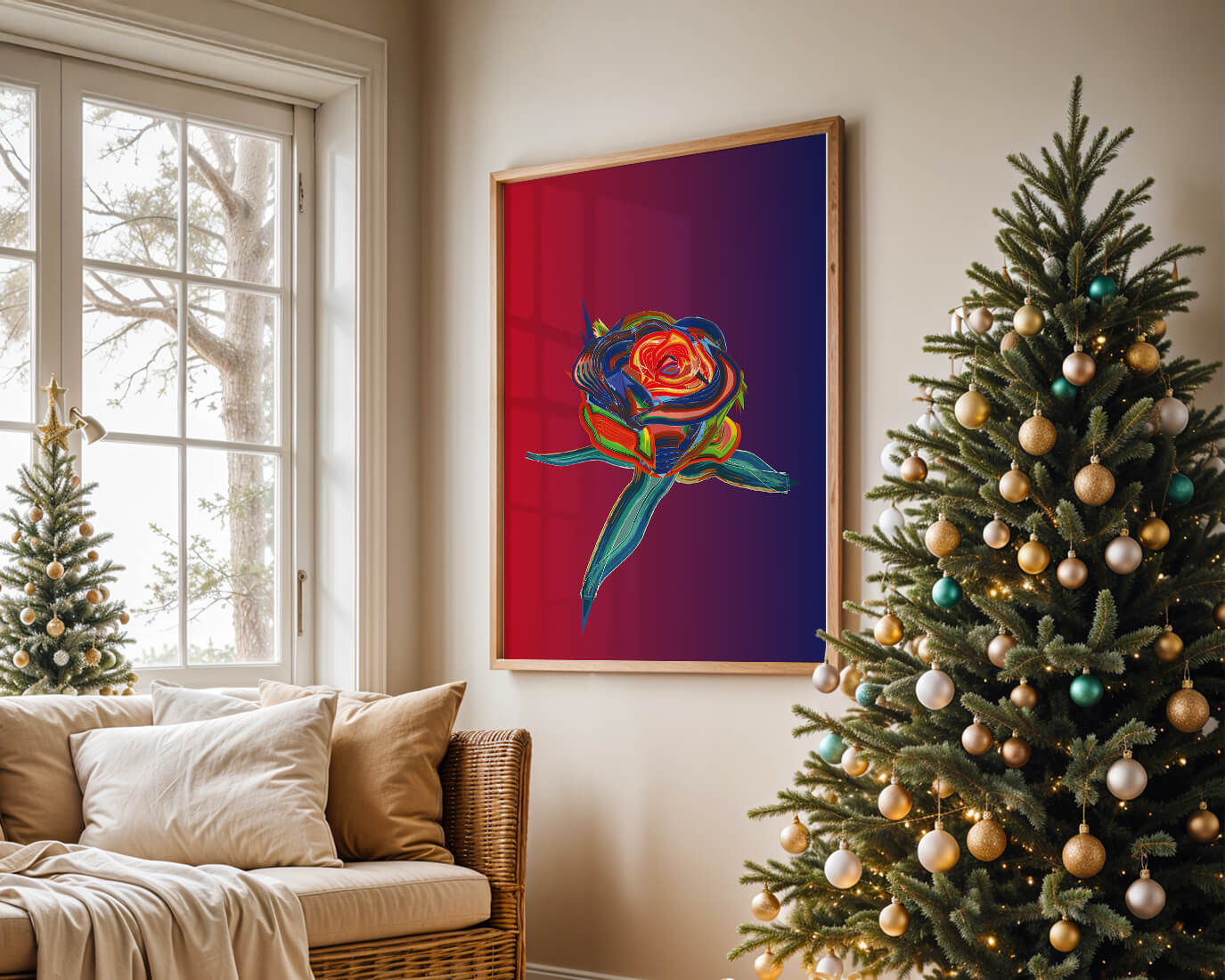 Rosa abstracta vibrante con colores dinámicos sobre fondo degradado