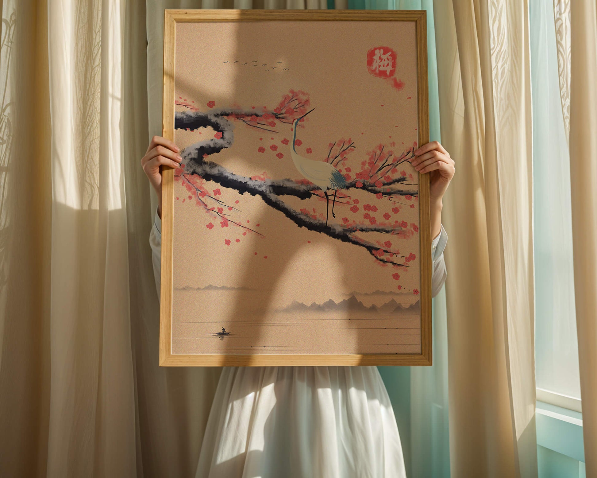Elegant crane on cherry blossom branch with serene landscape