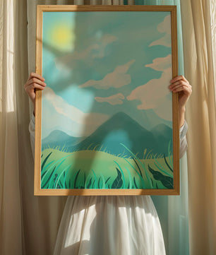 Sunny Day Overlooking a Mountain Landscape with Rolling Hills and Blue Sky