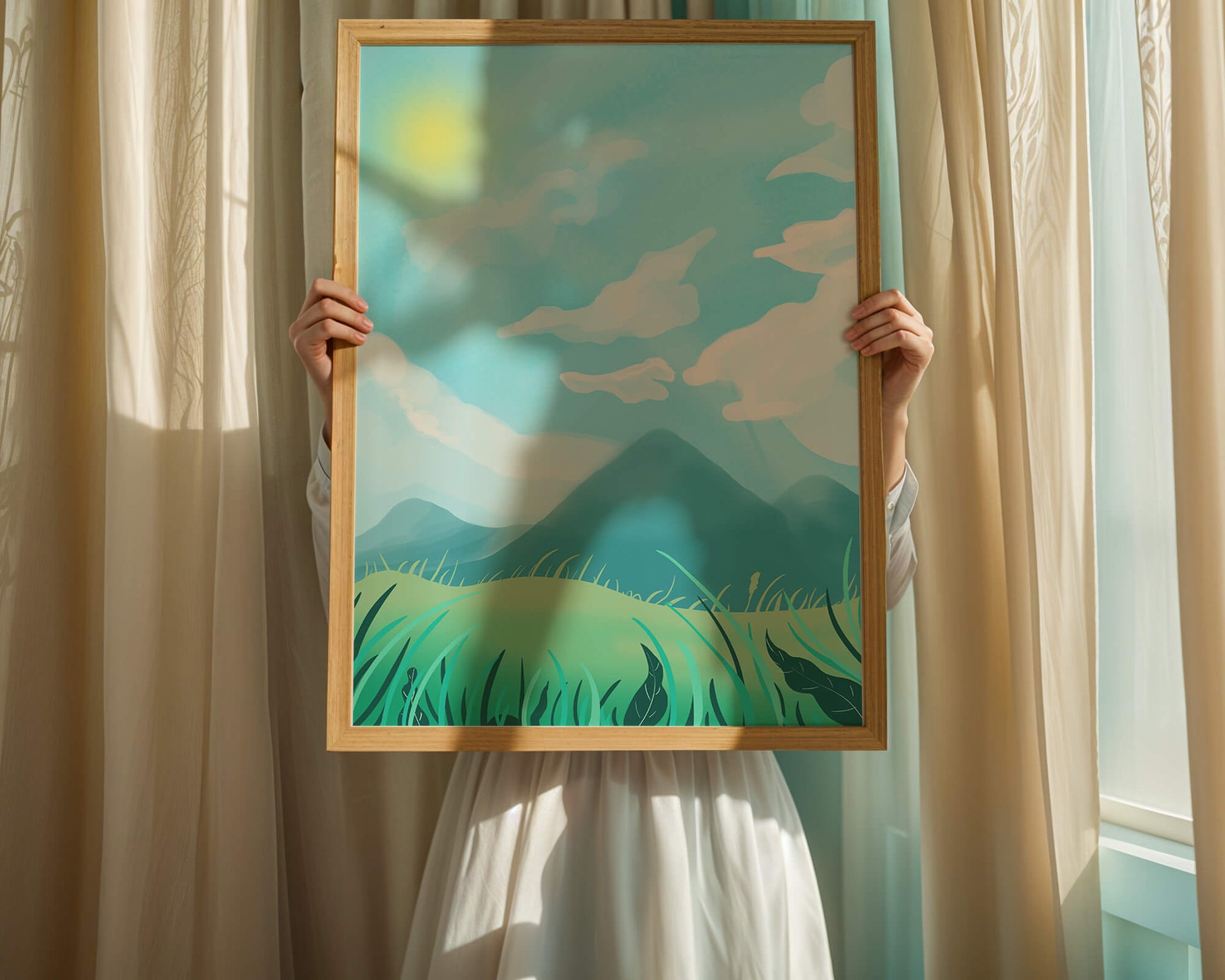 Sunny Day Overlooking a Mountain Landscape with Rolling Hills and Blue Sky