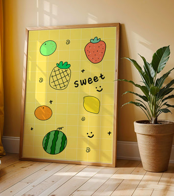 Playful fruit pattern on yellow grid background