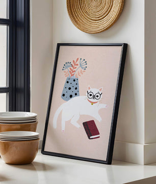Illustration of playful cat with book and floral vase