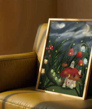 Enchanted night scene with glowing mushrooms and moonlit sky