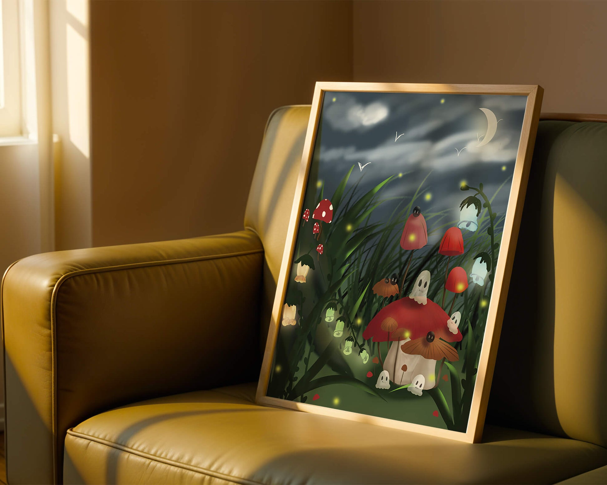 Enchanted night scene with glowing mushrooms and moonlit sky