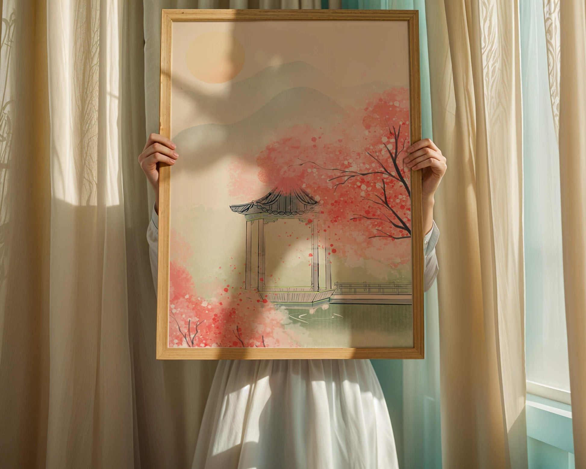 Serene landscape with cherry blossoms and traditional gazebo