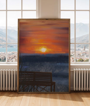 Tranquil Sunset over Ocean with a Lonely Bench