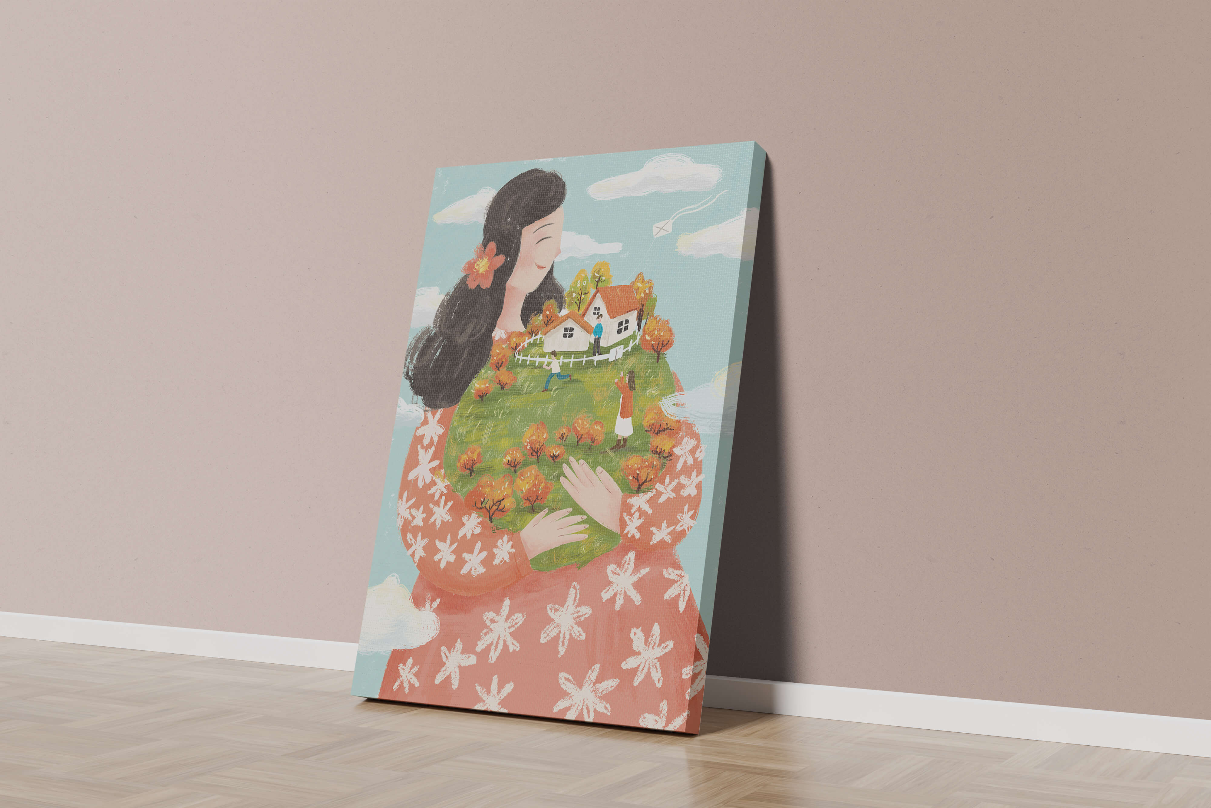 Whimsical Woman Holding Miniature Landscape with Family and Houses