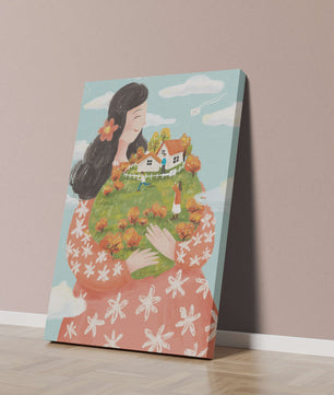 Femme fantaisiste tenant un paysage miniature avec famille et maisons