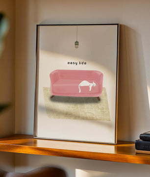 Minimalist Interior with Pink Sofa and Relaxed White Cat