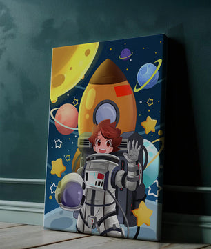 Young Astronaut with Rocket and Planets in Space Adventure