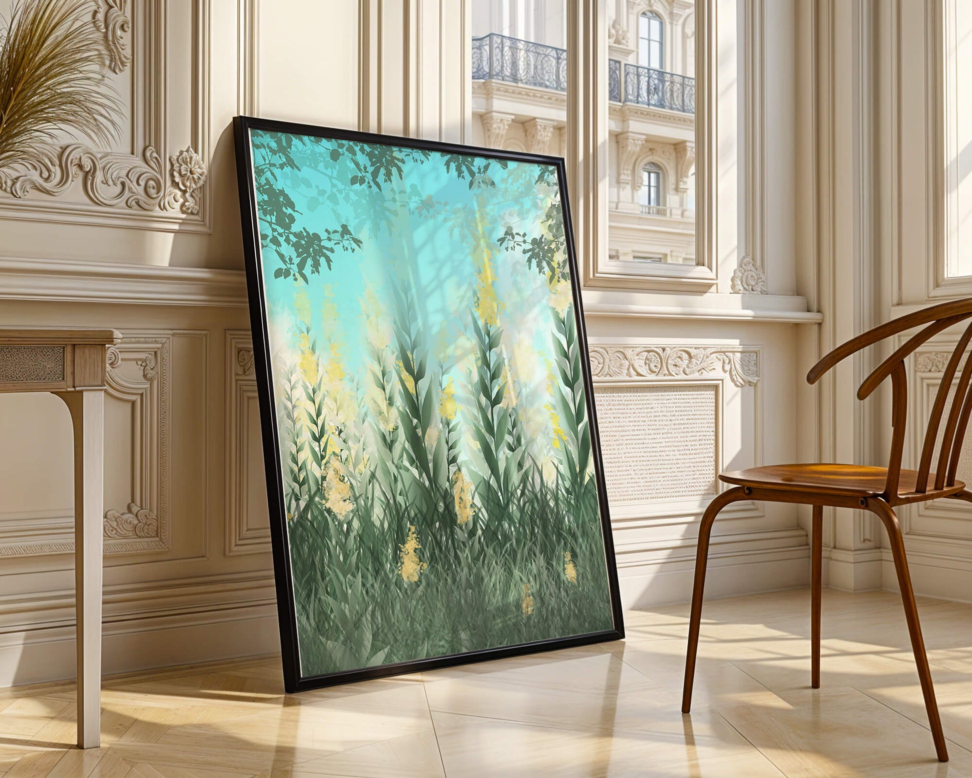 Jardín sereno con hojas verdes altas y flores amarillas bajo el cielo azul