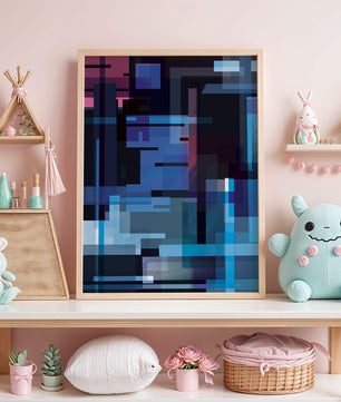 Arte digital geométrico abstracto con tonos azules y morados
